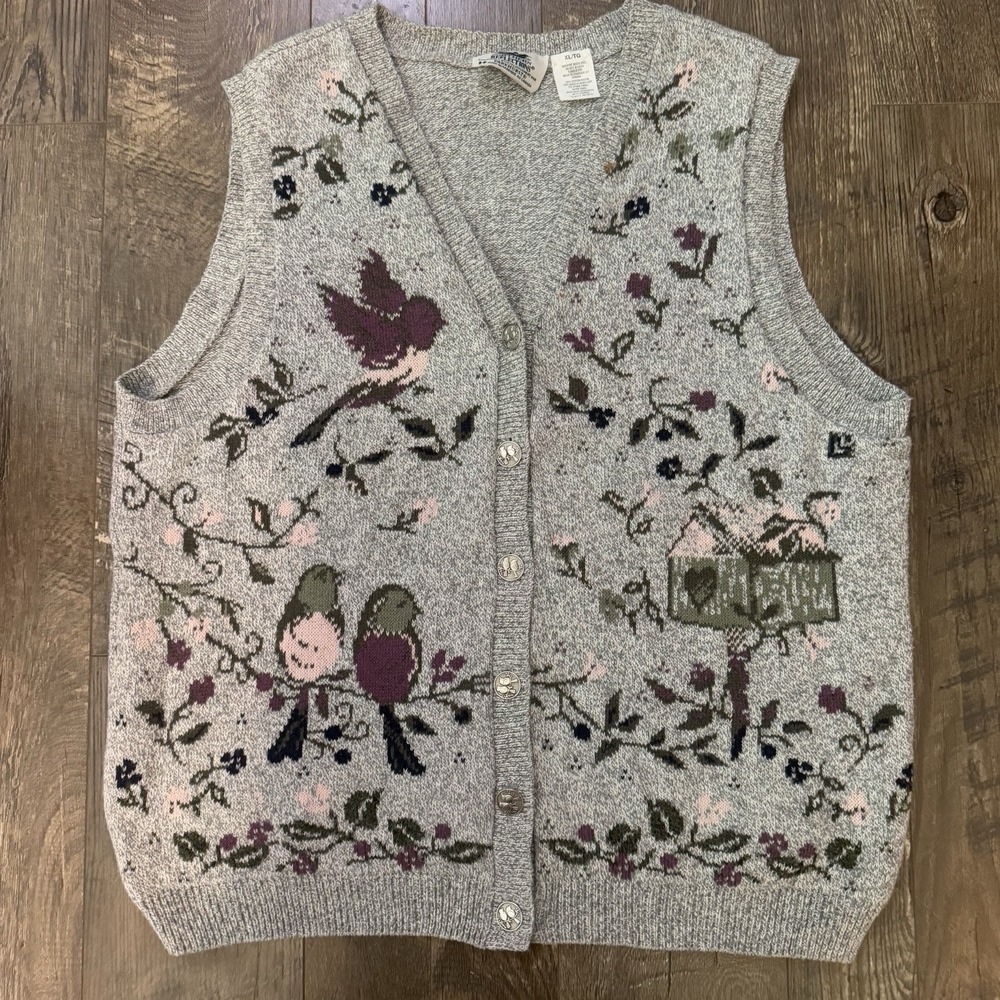 Northern Reflections Button Front Sweater Vest VTG Gray Bird Cottagecore XL